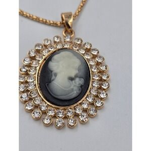 Gold Tone Cameo Pendant Necklace with Clear Rhinestones Classic Style